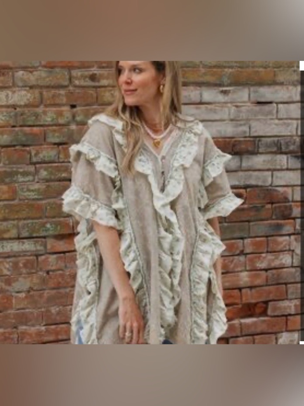 #1267 Oli & Hali Ruffled button down blouse / kimono / Kaftan in Light Taupe - Picture 9 of 9
